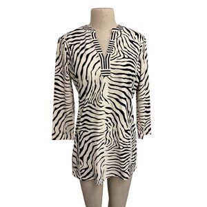 J. McLaughlin Black White Zebra Print V-Neck Tunic Top 3/4 Sleeve Nylon Blend